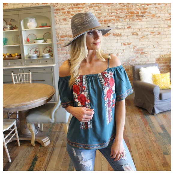 Infinity Raine Tops - LAST✨Teal off shoulder embroidered top